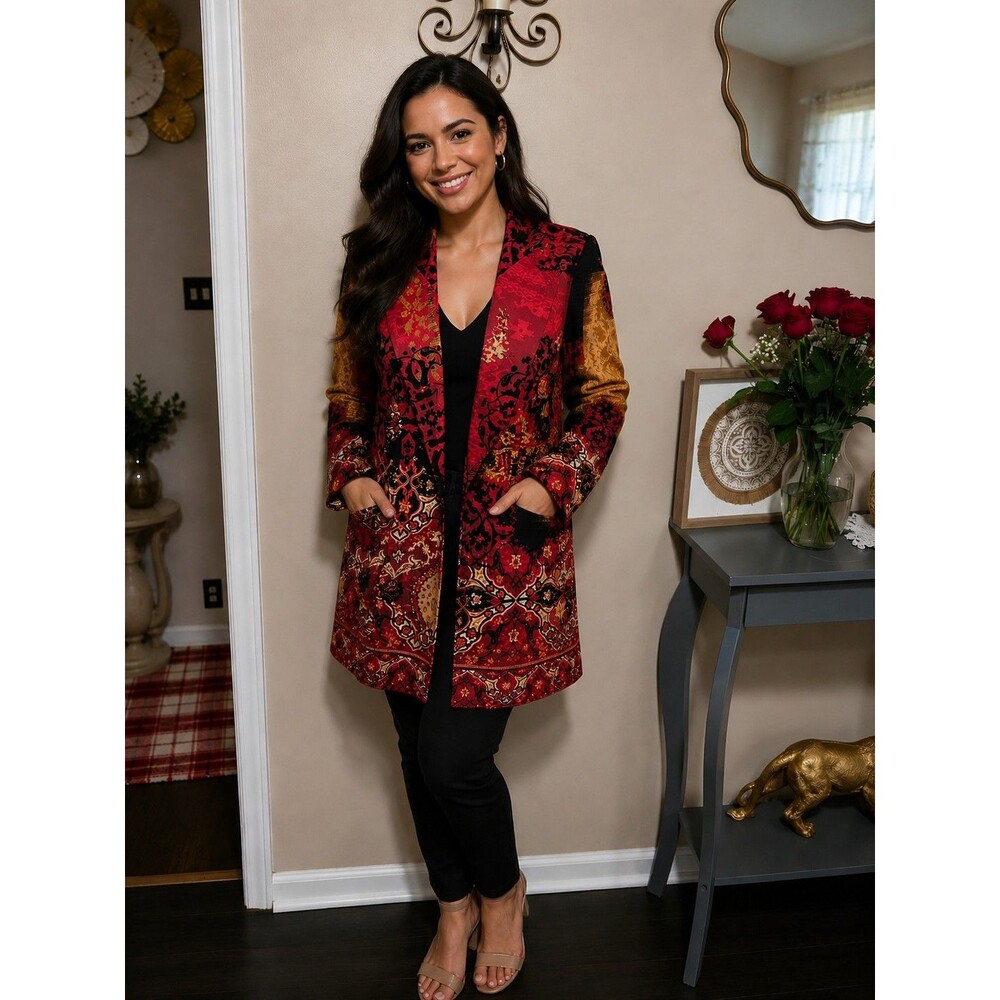 Chico's Printed Statement Jacket Button Blazer Black Red sz 2 L Art to Wear